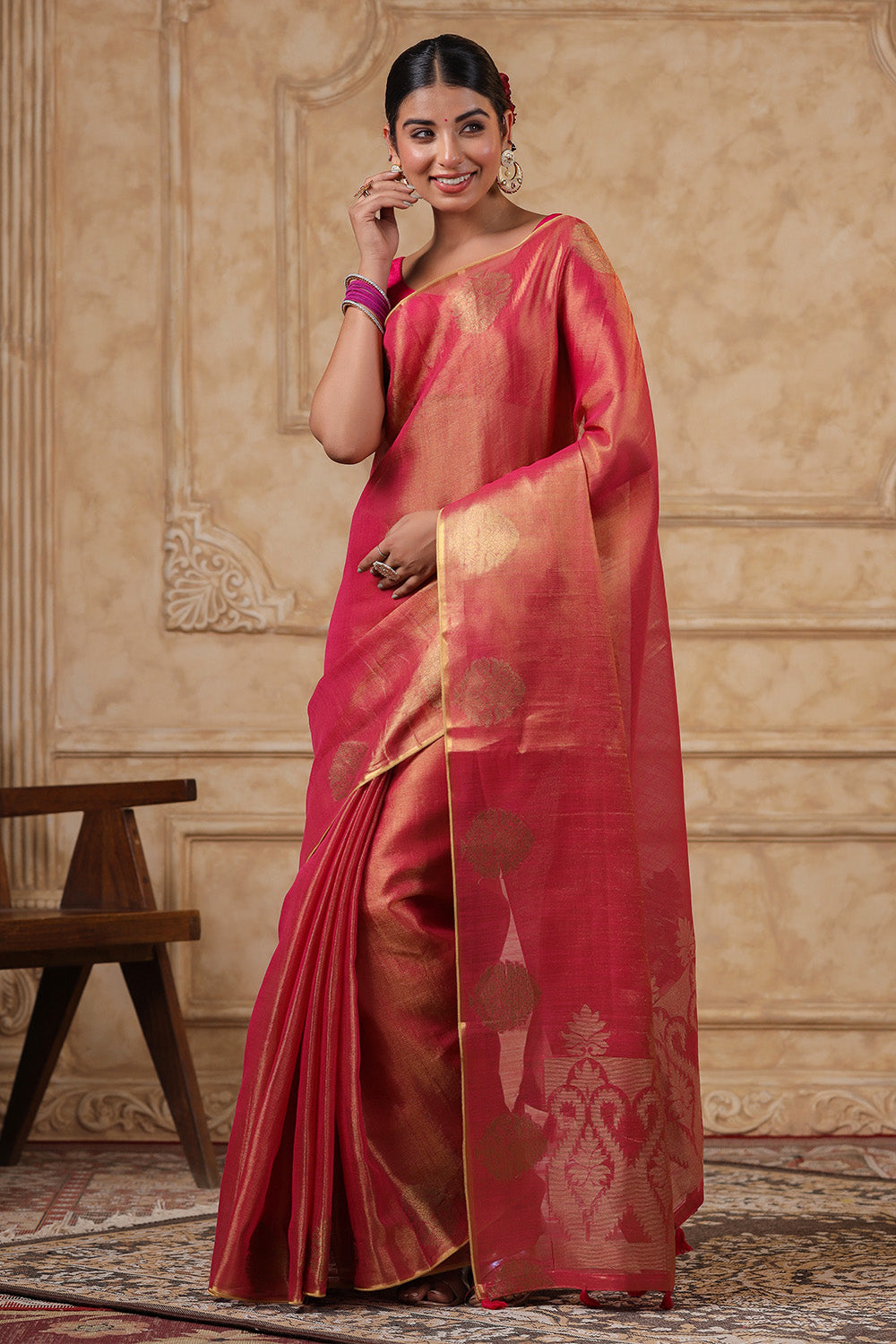 Fuchsia Pink Color Organza Cotton Golden Zari Woven Saree