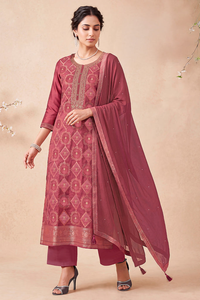 Light Maroon Zari Woven Silk Unstitched Suit Fabric