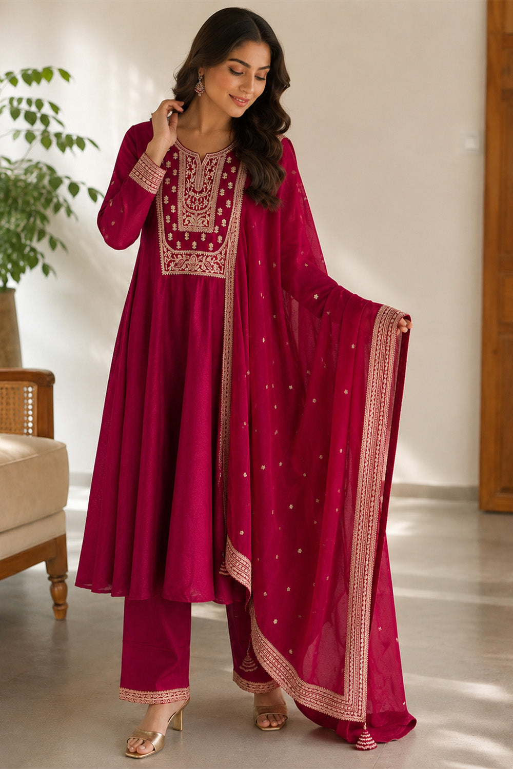 Maroon Crepe Silk Zari and Sequins Embroidered Anarkali Suit