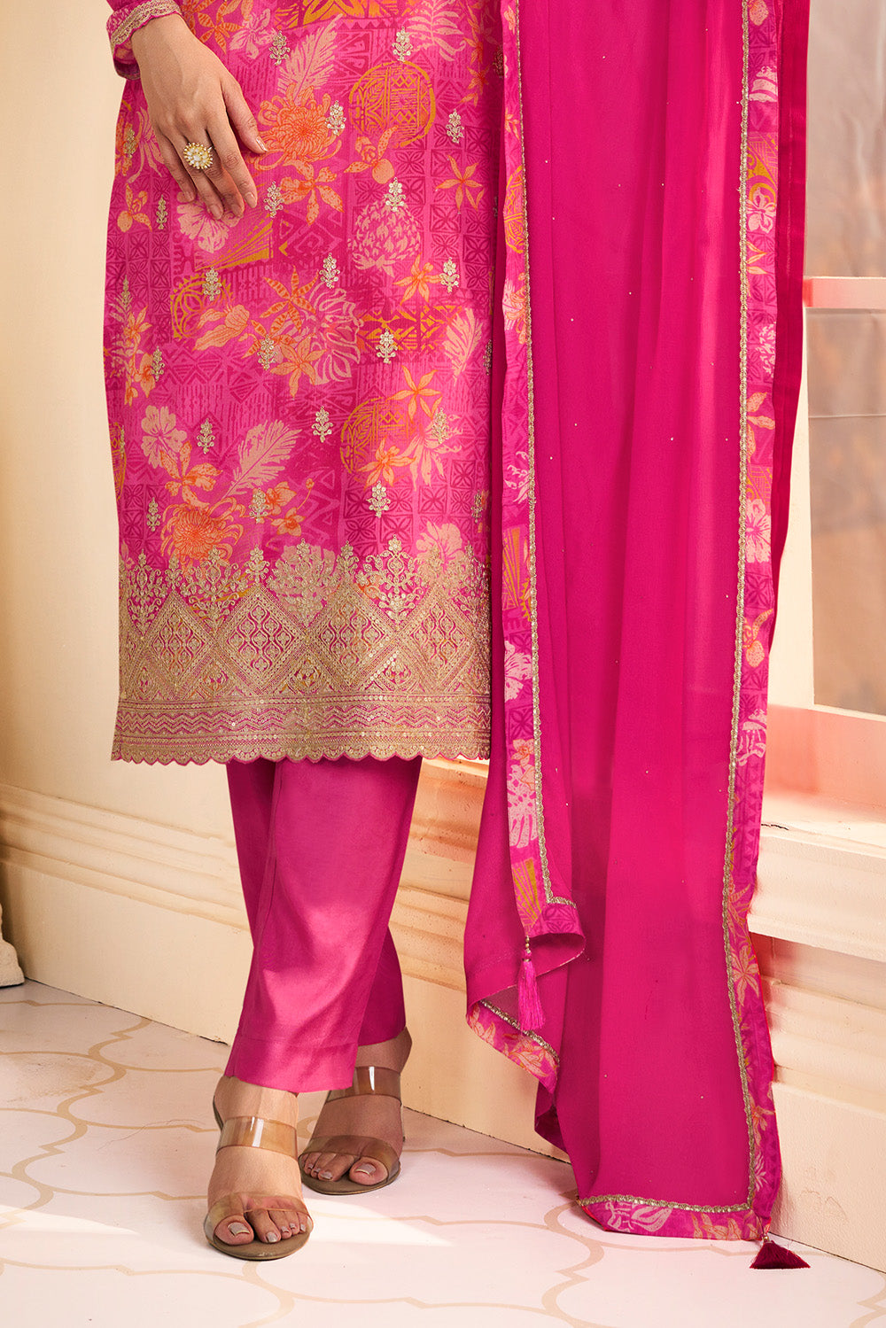 Magenta Pink Chinone Silk Floral Printed And Embroidered Unstitched Suit Fabric