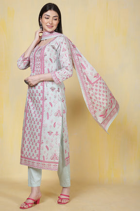 Sea Green Cotton Floral Printed & Neck Embroidered Suit