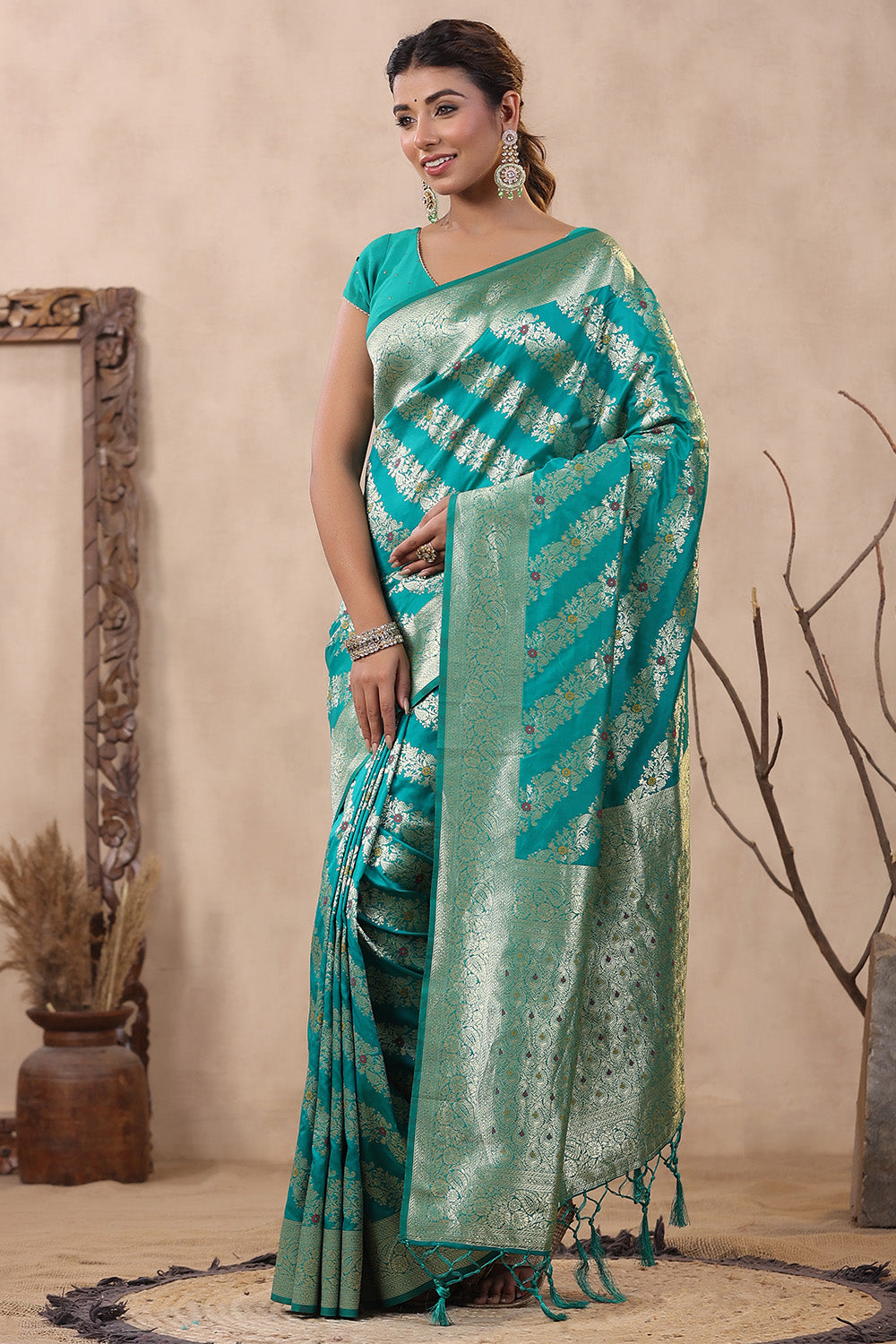 Teal Color Zari Woven Silk Saree