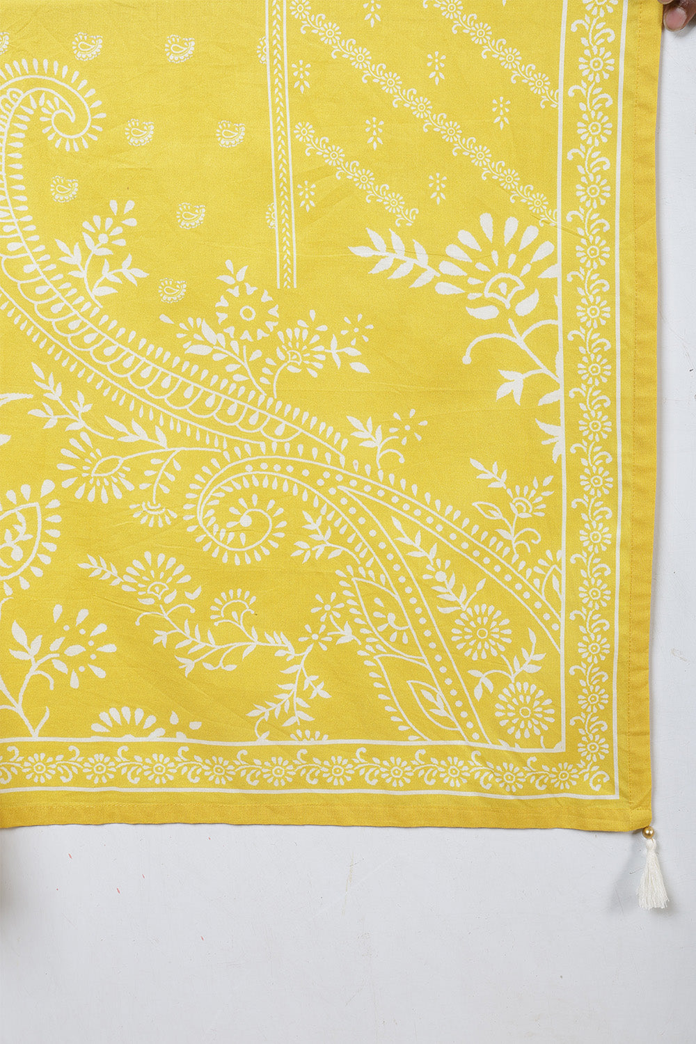 Mustard Cotton Printed & Neck Embroidered Suit