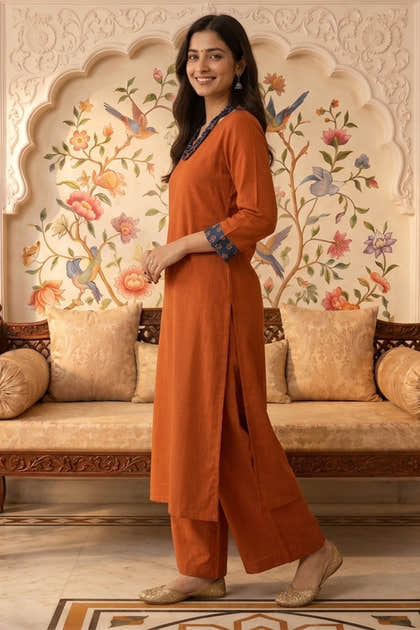 Rust Solid Color Cotton Kurta Set