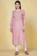 Pink Cotton Silk Printed Kurti