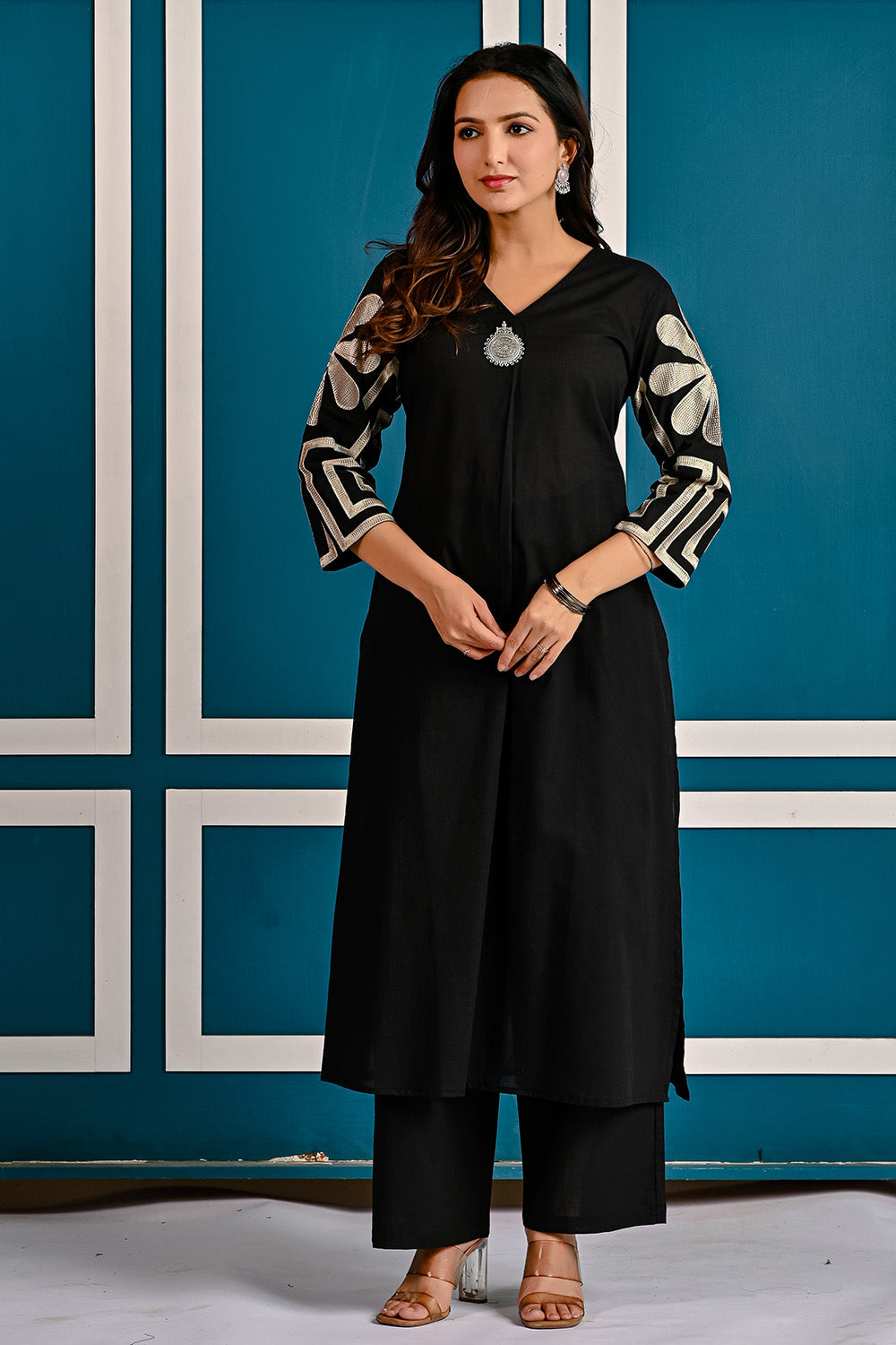 Black Floral Embroidered Cotton Kurta Set