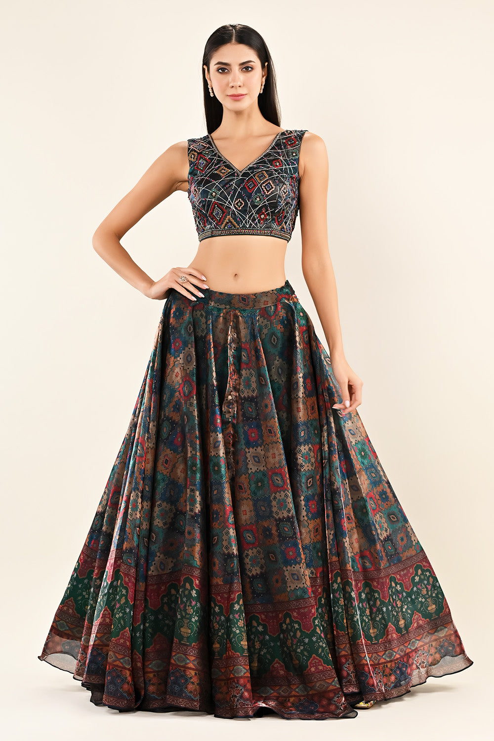 Bottle Green Color Lurex Organza Printed Lehenga