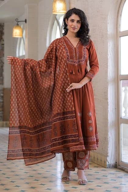 Rust Cotton Neck-Embroidered And Printed Anarkali Suit
