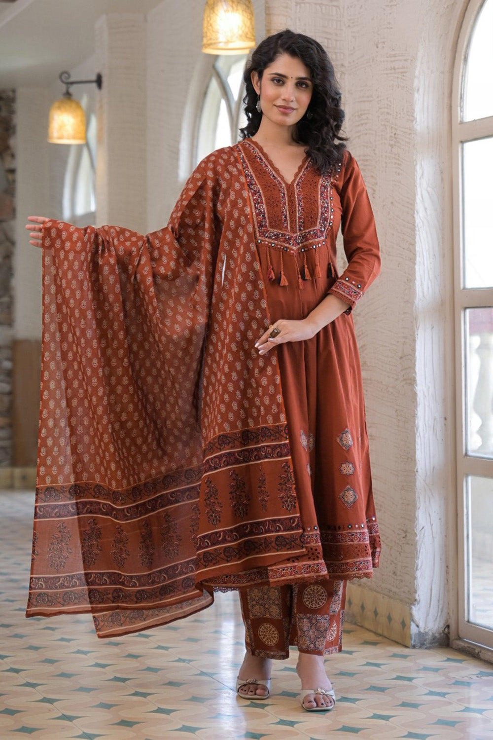 Rust Cotton Neck-Embroidered And Printed Anarkali Suit