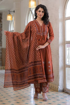 Rust Cotton Neck-Embroidered And Printed Anarkali Suit
