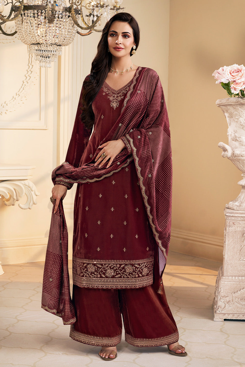 Maroon Velvet Zari and Sequins Embroidered Unstitched Suit Fabric
