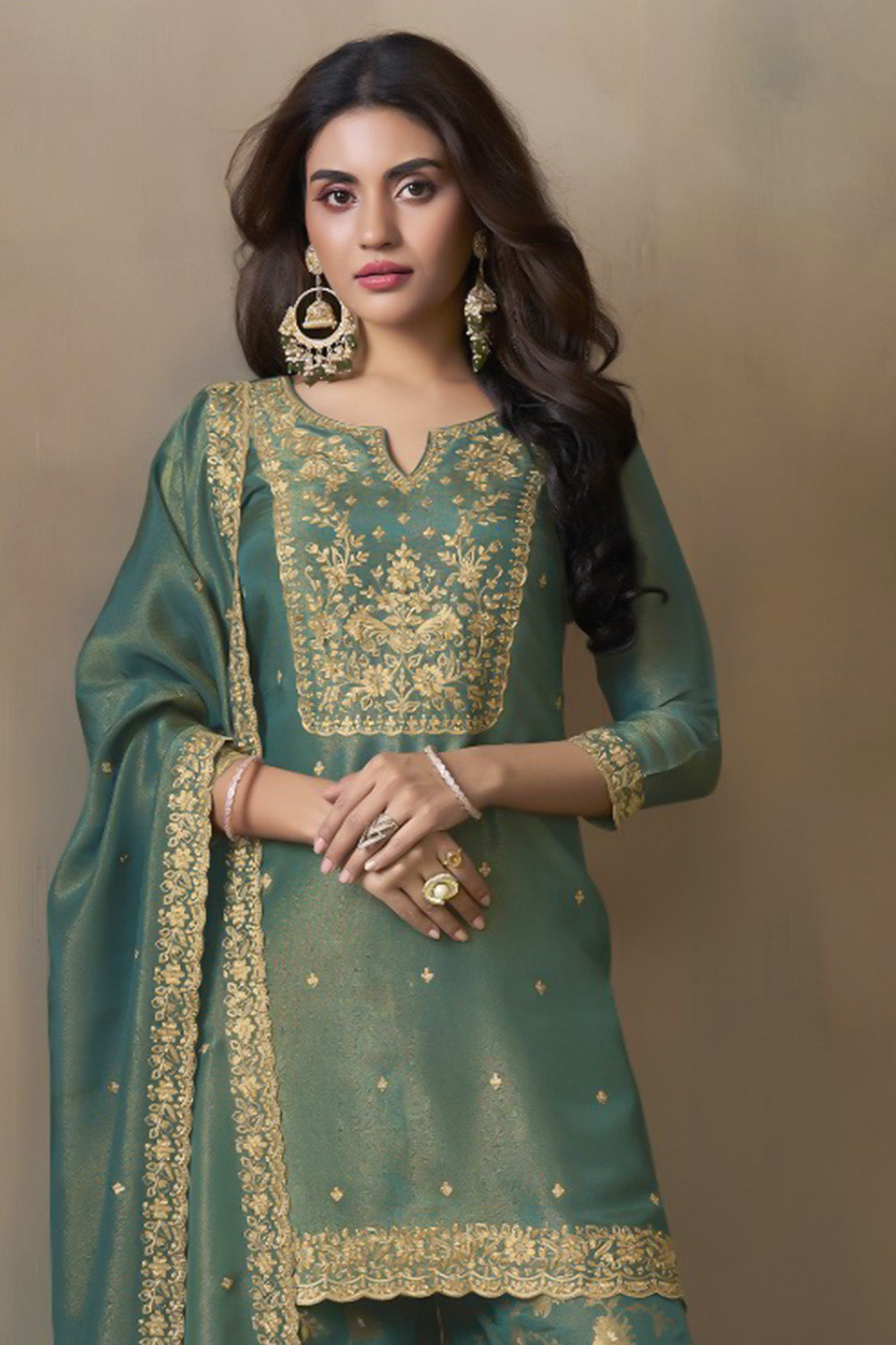 Green Color Metallic Tissue Zari Embroidered Suit With Woven Palazzo