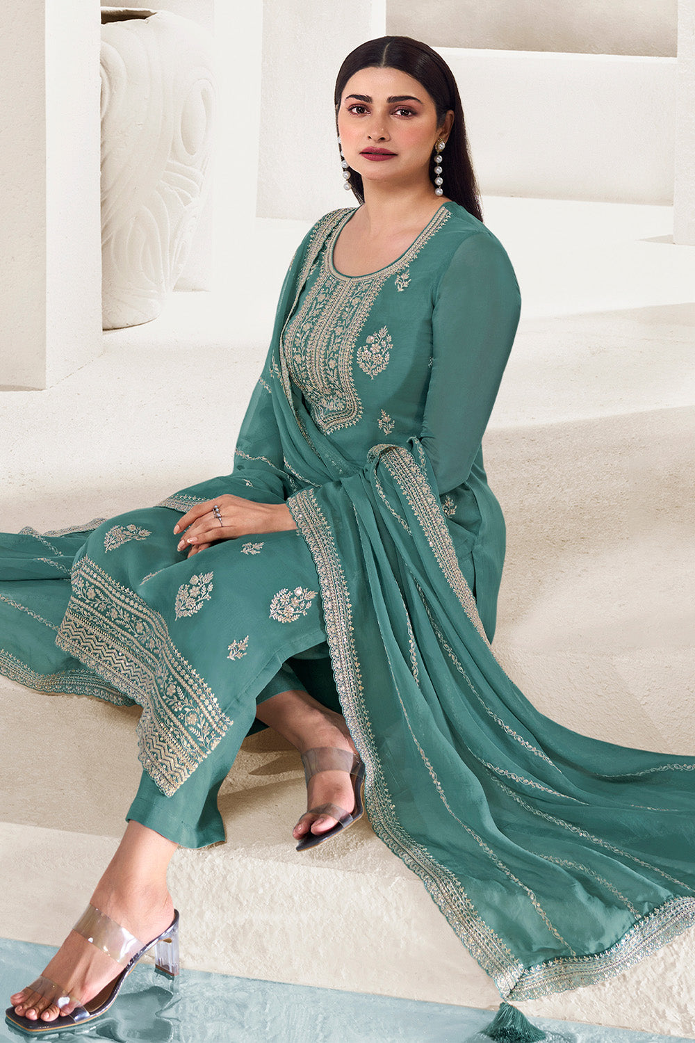 Teal Color Muslin Resham Embroidered Unstitched Suit Material