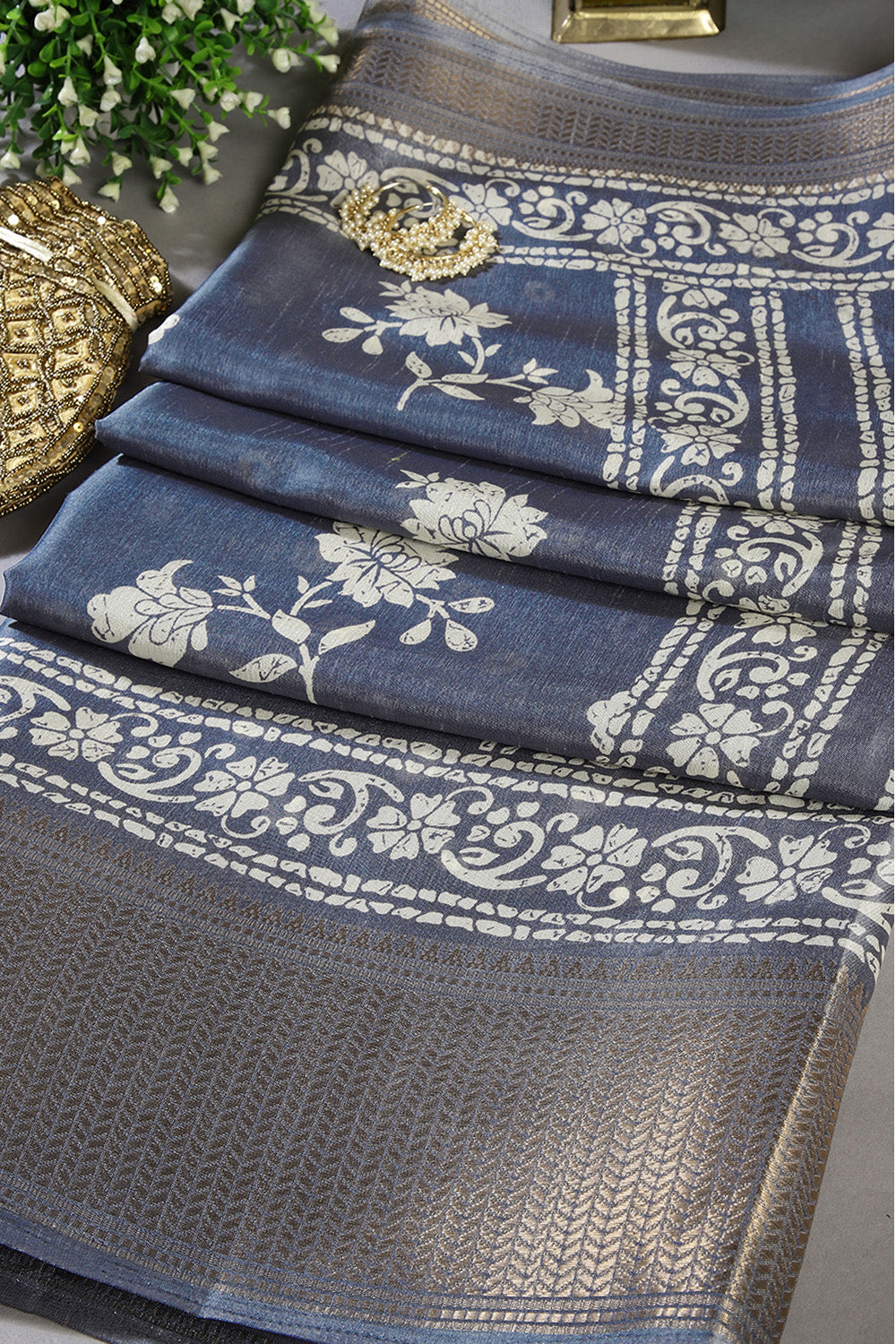 Light Blue Color Cotton Silk Block Printed Saree