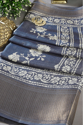 Light Blue Color Cotton Silk Block Printed Saree