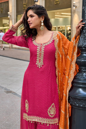 Fushia Pink Crepe Silk Embroidered Suit With Palazzo