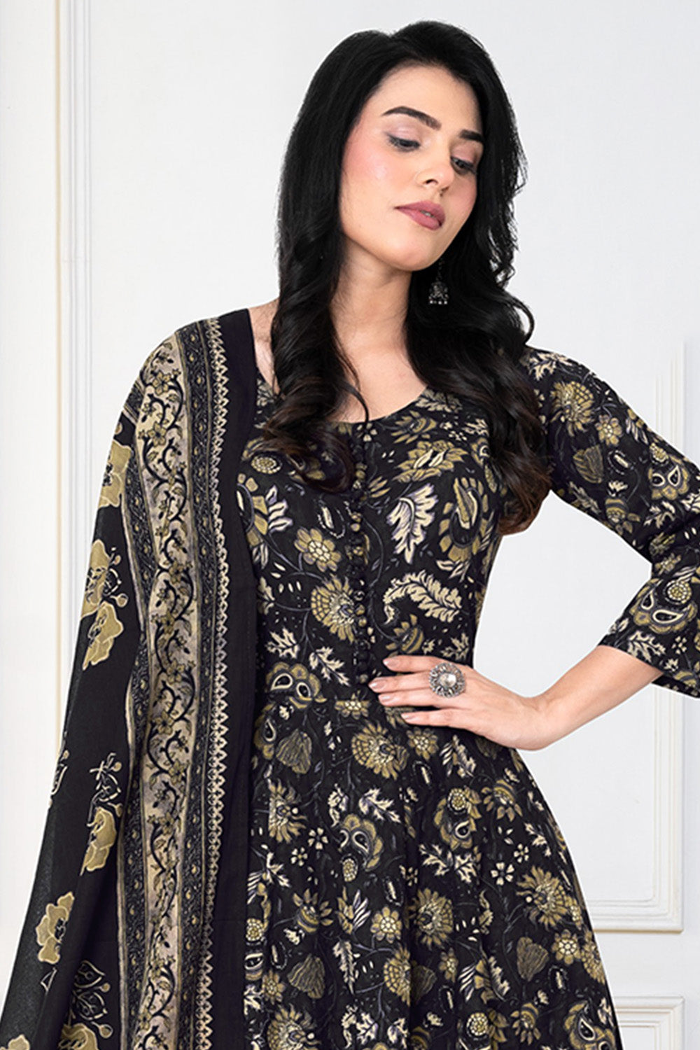 Dark Purple Cotton Floral Printed Anarkali Suit Set