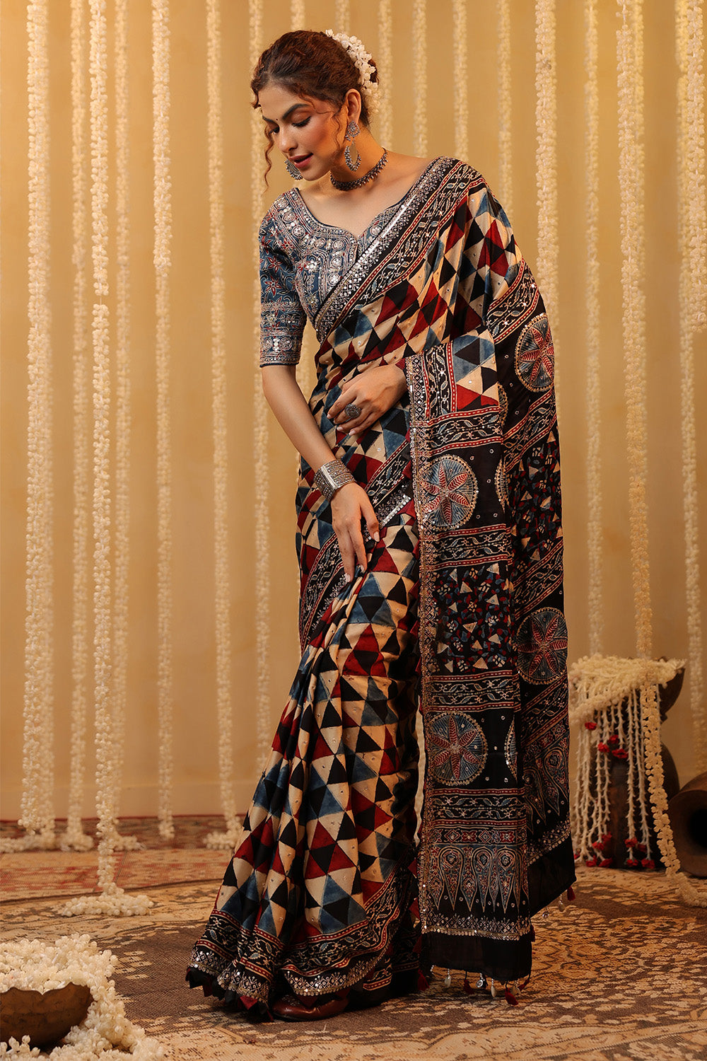 Navy & Beige Printed And Embroidered Pure Mulberry Silk Saree