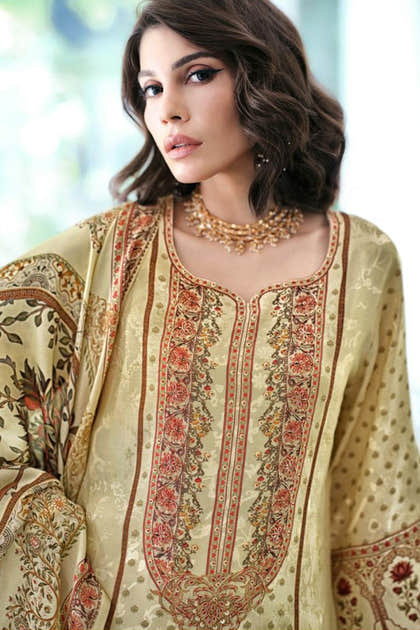 Cream Cotton Silk Digital Printed Unstitched Suit Material