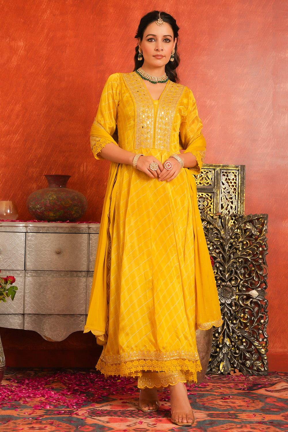 Mustard Color Printed & Embroidered Silk Anarkali Suit