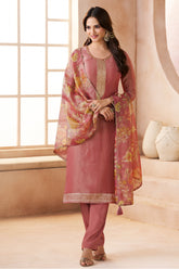 Dusty Peach Metallic Tissue Zari Woven Unstitched Suit Material