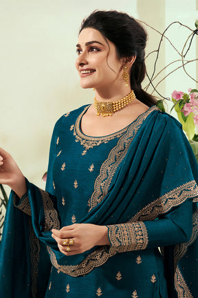 Teal Color Silk Embroidered Unstitched Suit Material