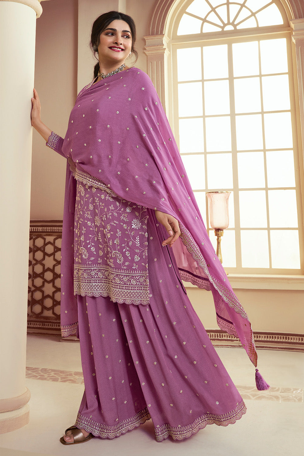 Lilac Pink Color Embroidered Georgette Unstitched Suit Material With Stitched Sharara