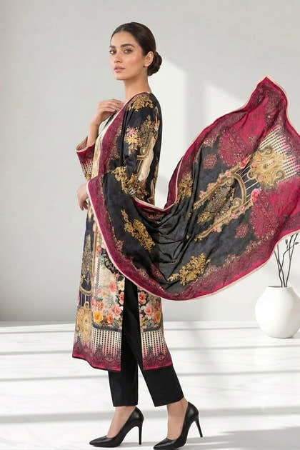 Black Chanderi Silk Printed Straight Suit