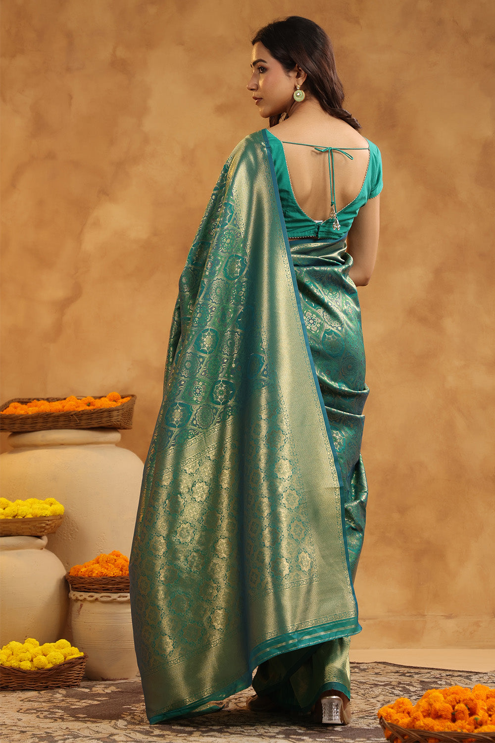 Teal Colour Silk Woven Saree