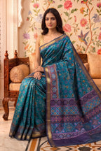 Teal Cotton Printed And Woven Border Saree