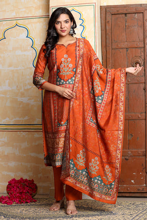 Rust Chanderi Silk Printed Straight Suit