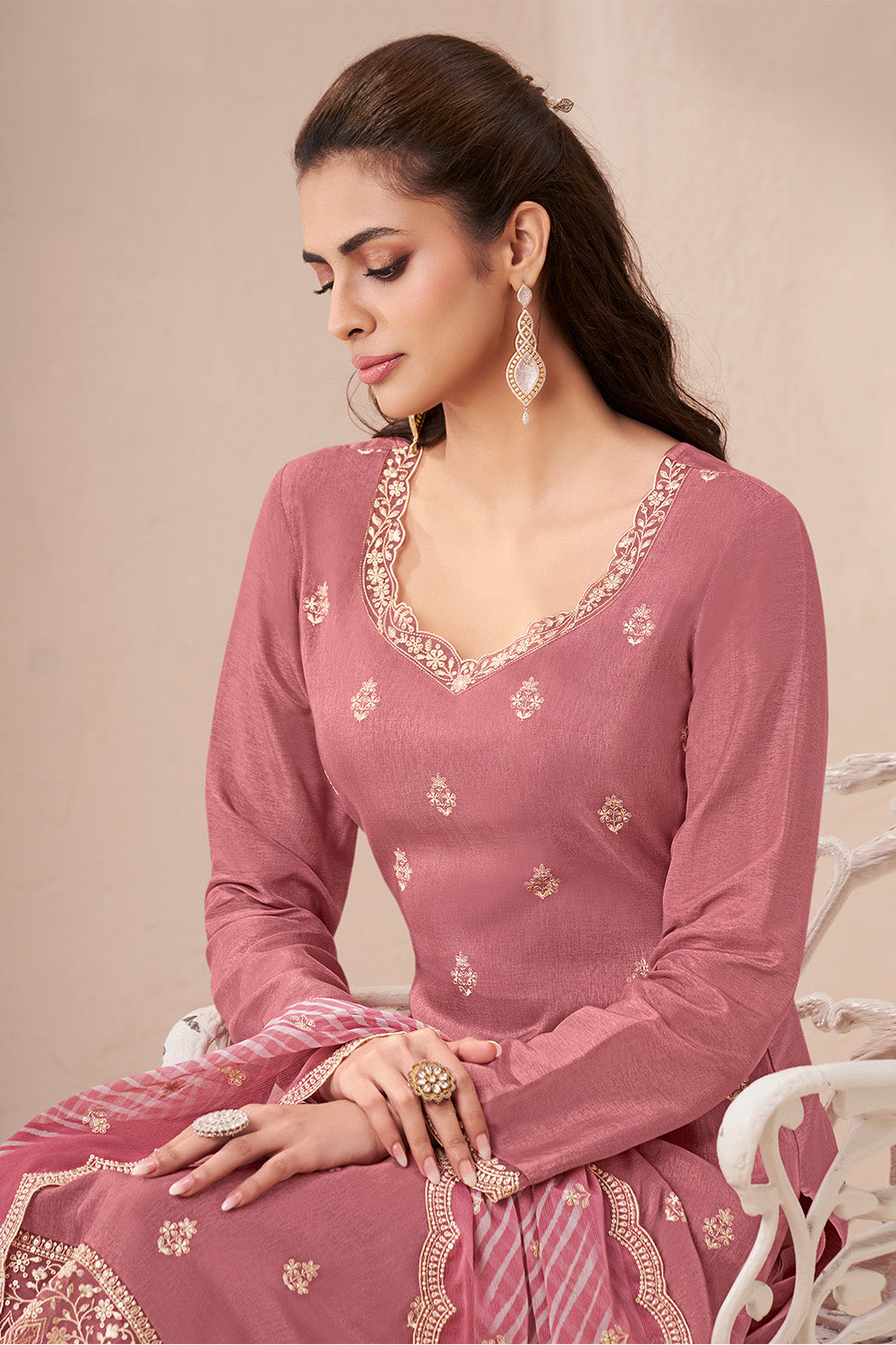 Coral Color Chiffon Silk Thread Embroidered Unstitched Suit Fabric