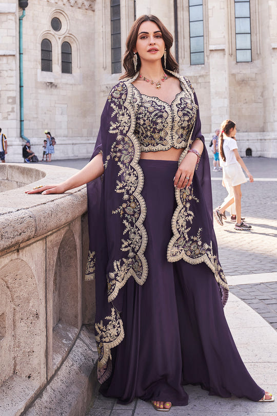 Purple Crepe Silk Embroidered Crop-Top Dress With Shruge Stlye Dupatta And Palazzo