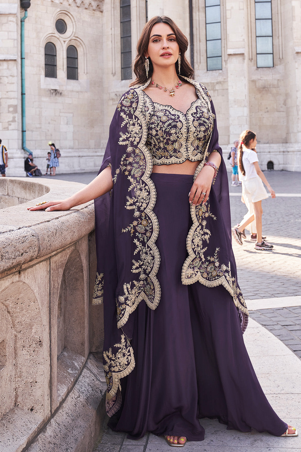 Purple Crepe Silk Embroidered Crop-Top Dress With Shruge Stlye Dupatta And Palazzo