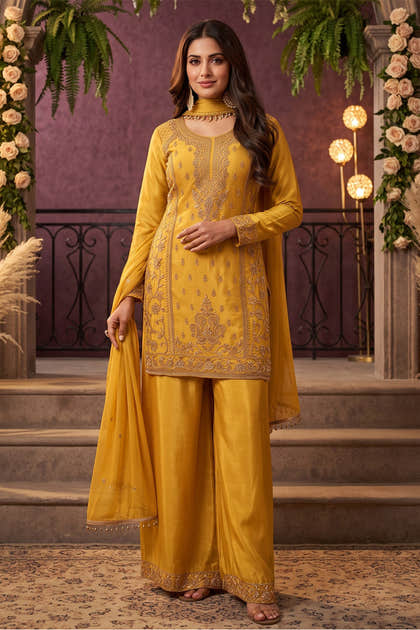Mustard Crepe Silk Cut-Dana Embroidered Suit With Embroidered Palazzo