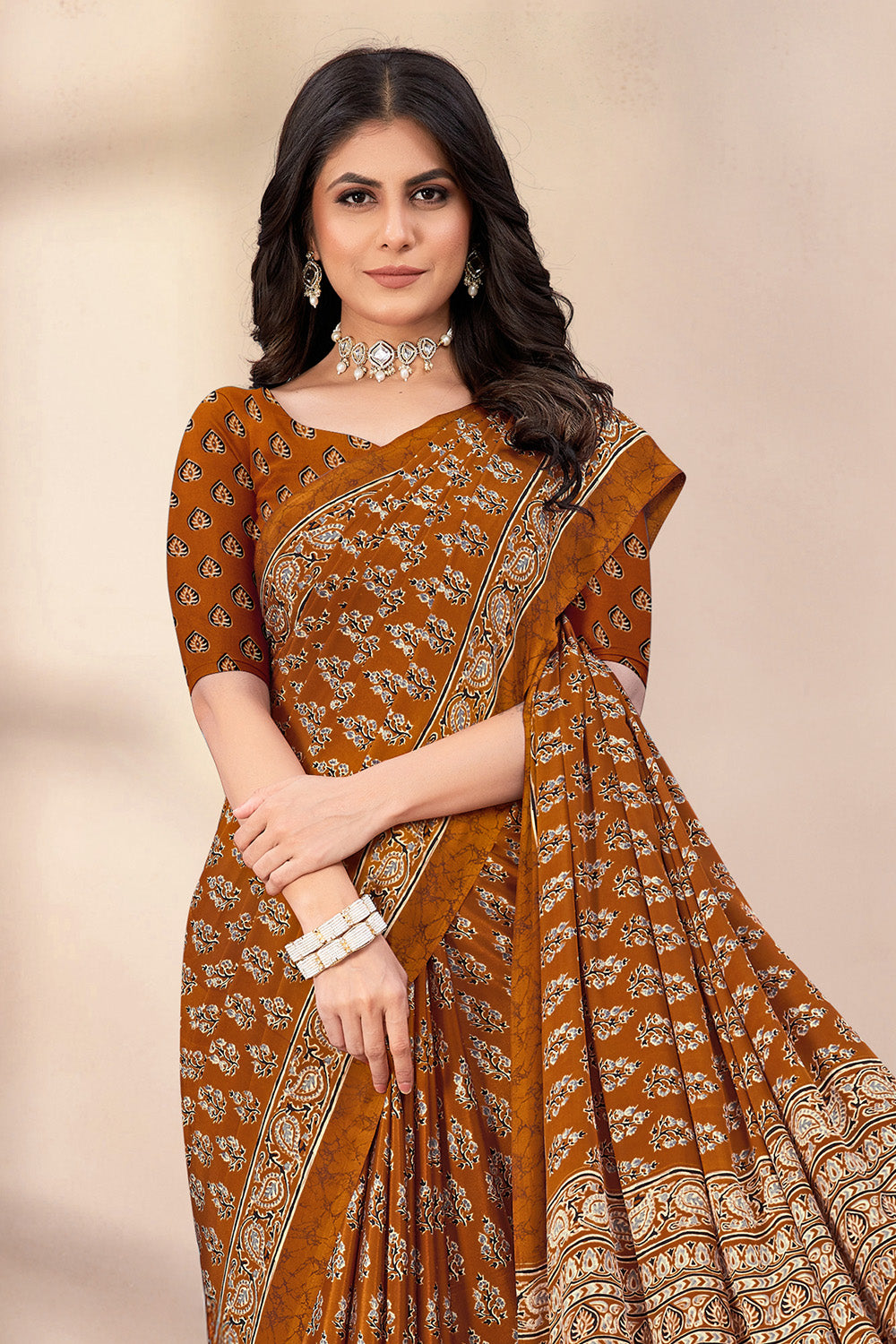 Brown Soft Georgette Floral Printed Saree