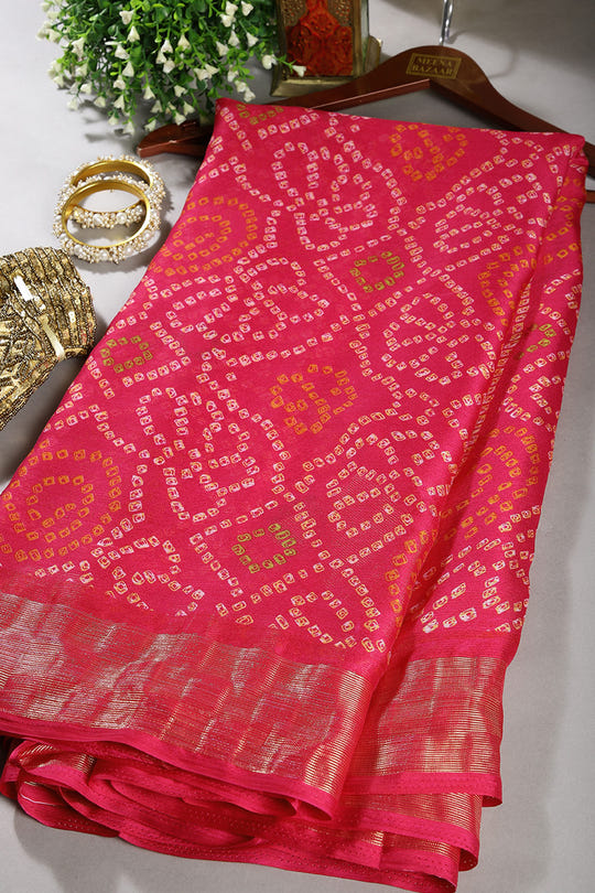 Fuchsia Pink Colour Chiffon Bandhani Printed Saree