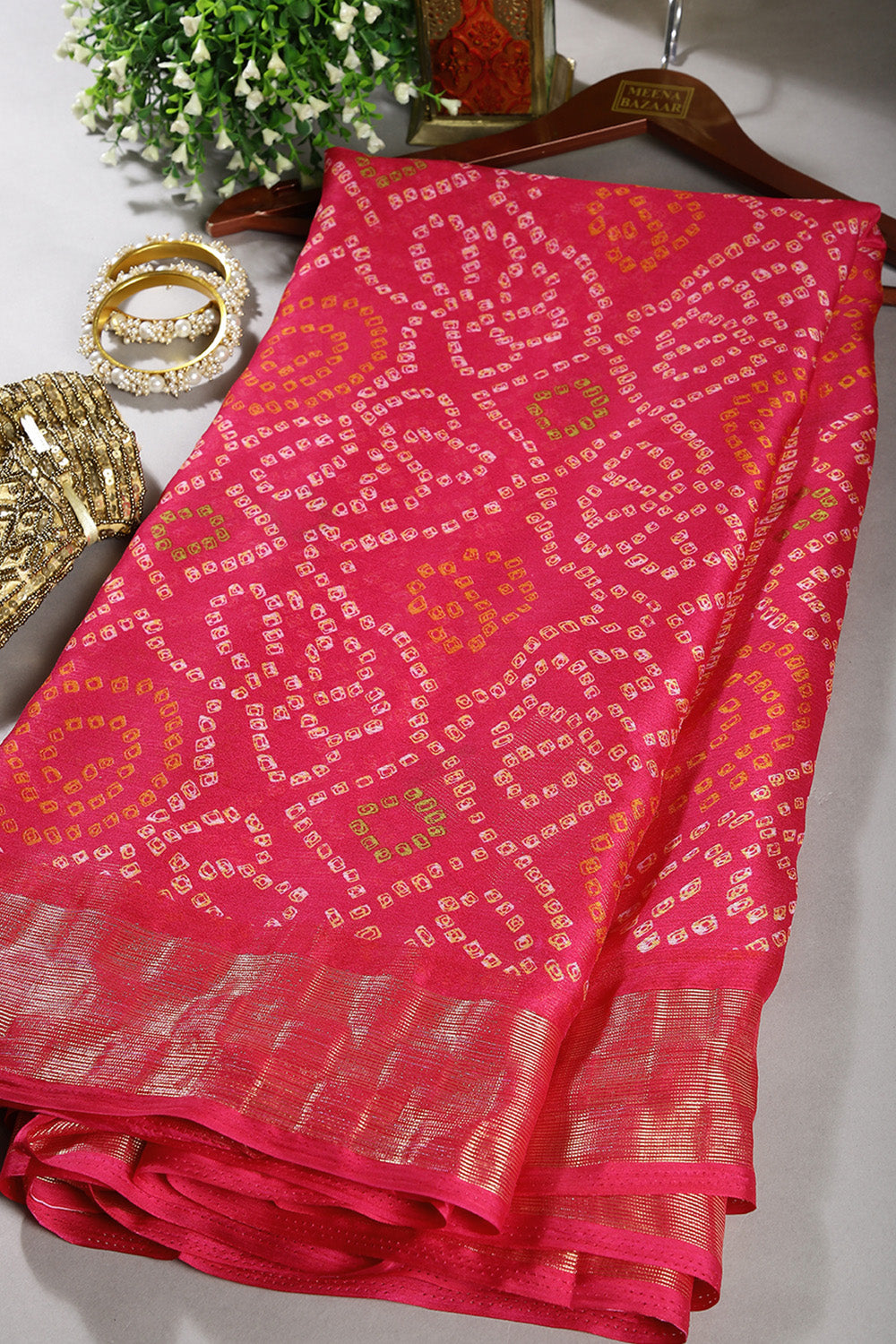 Fuchsia Pink Colour Chiffon Bandhani Printed Saree