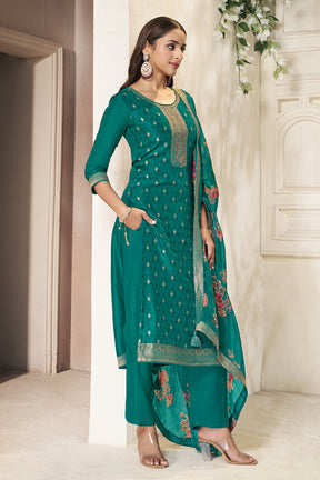 Teal Silk Zari & Resham Woven Suit Set