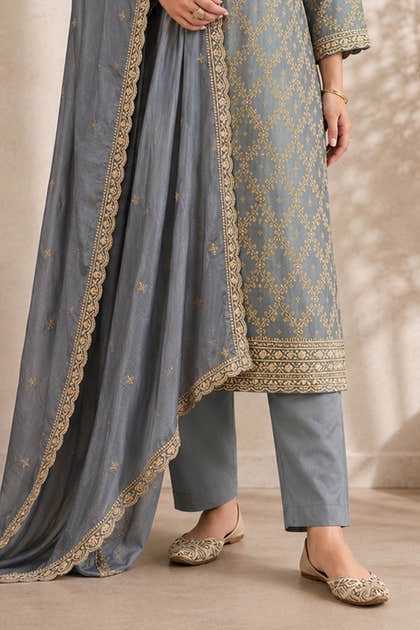 Grey Woven And Embroidered Silk Suit