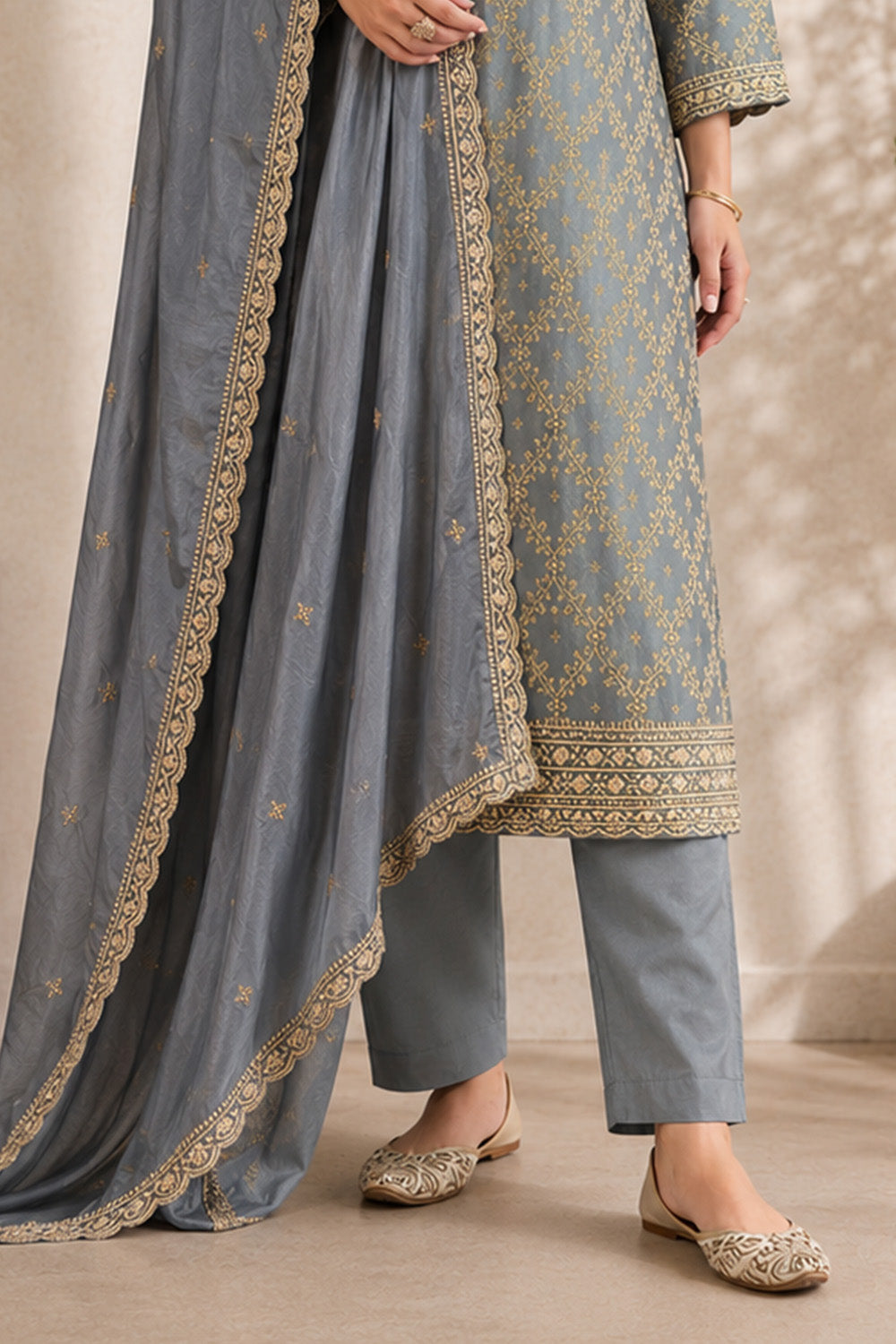 Grey Woven And Embroidered Silk Suit