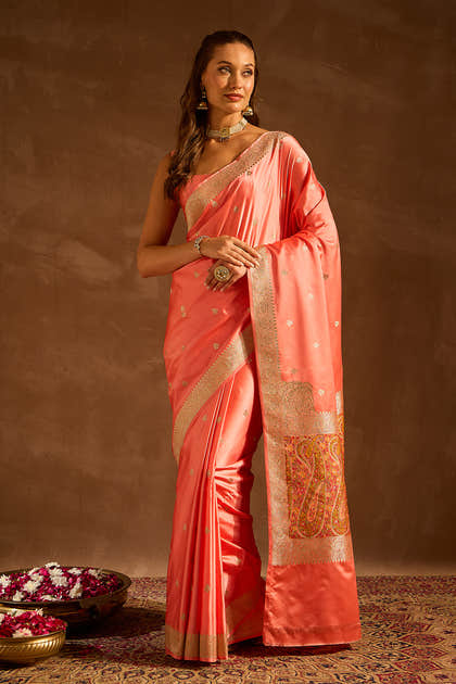 Peach Satin Banarasi Silk Woven Saree