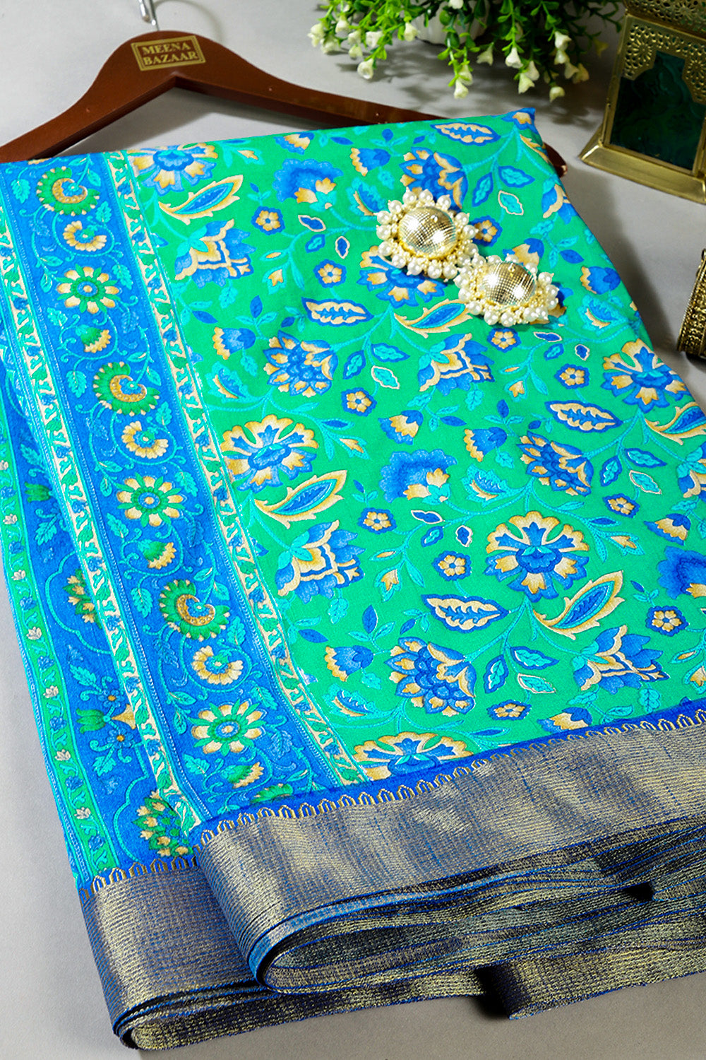 Teal Green Color Floral Printed Tussar Silk Saree