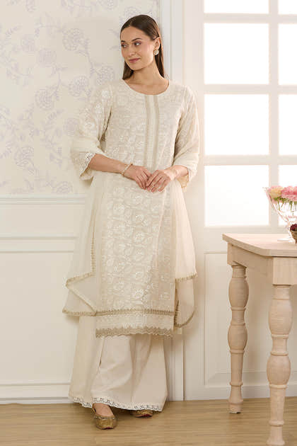 Cream Kota Cotton ChikanKari Unstitched Suit Material