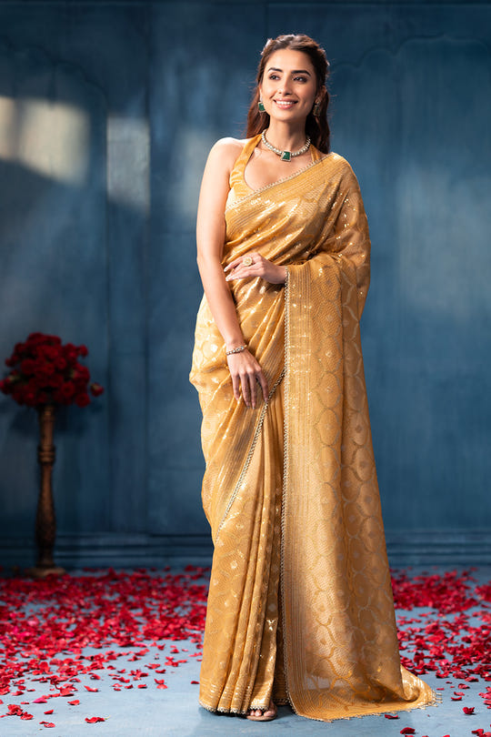 Golden Sequins and Resham Embroidered Metallic Tissue Saree