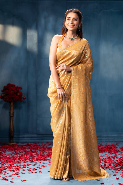 Golden Sequins and Resham Embroidered Metallic Tissue Saree
