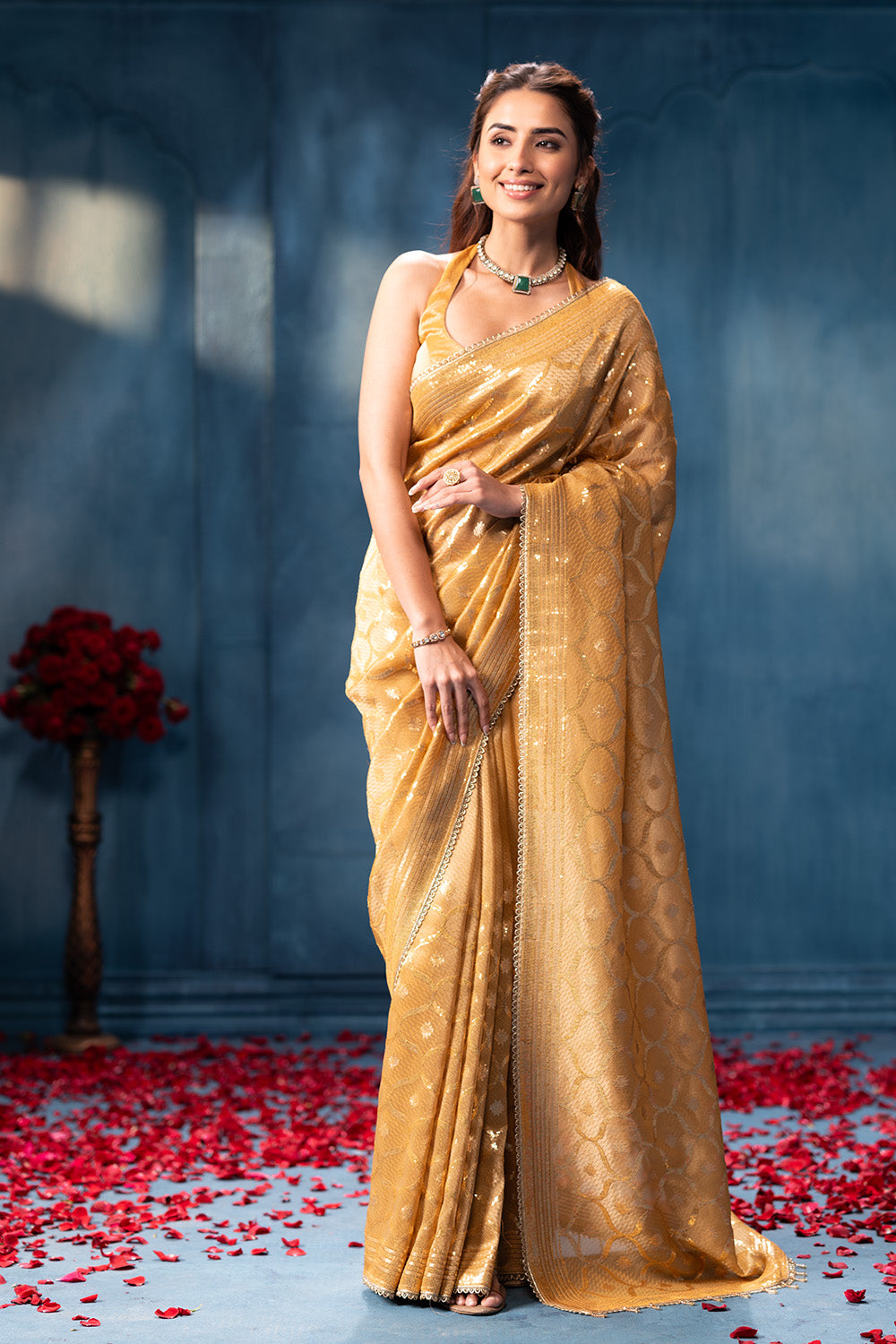 Goldern Sequins and Resham Embroidered Matelic Tissue Saree