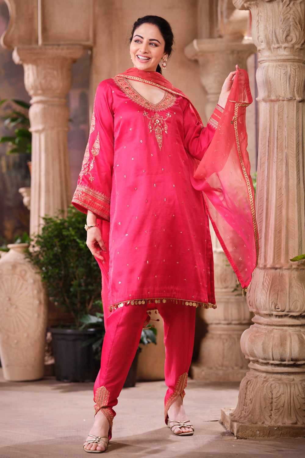 Cherry Red Pure Silk Sequins And Zari Embroiderd Suit Set