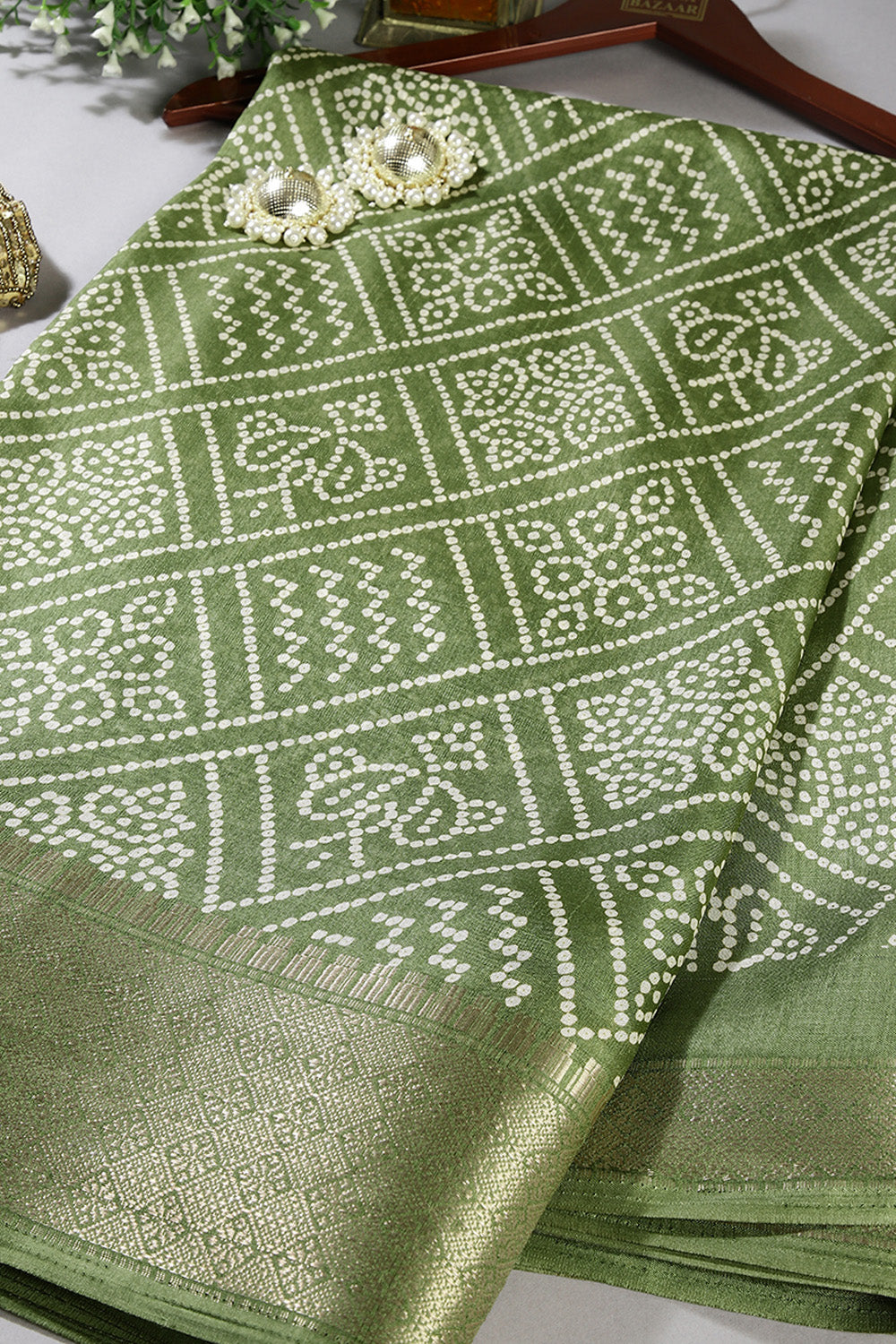 Green Color Bandhani Printed Cotton Silk Saree