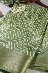 Green Color Bandhani Printed Cotton Silk Saree